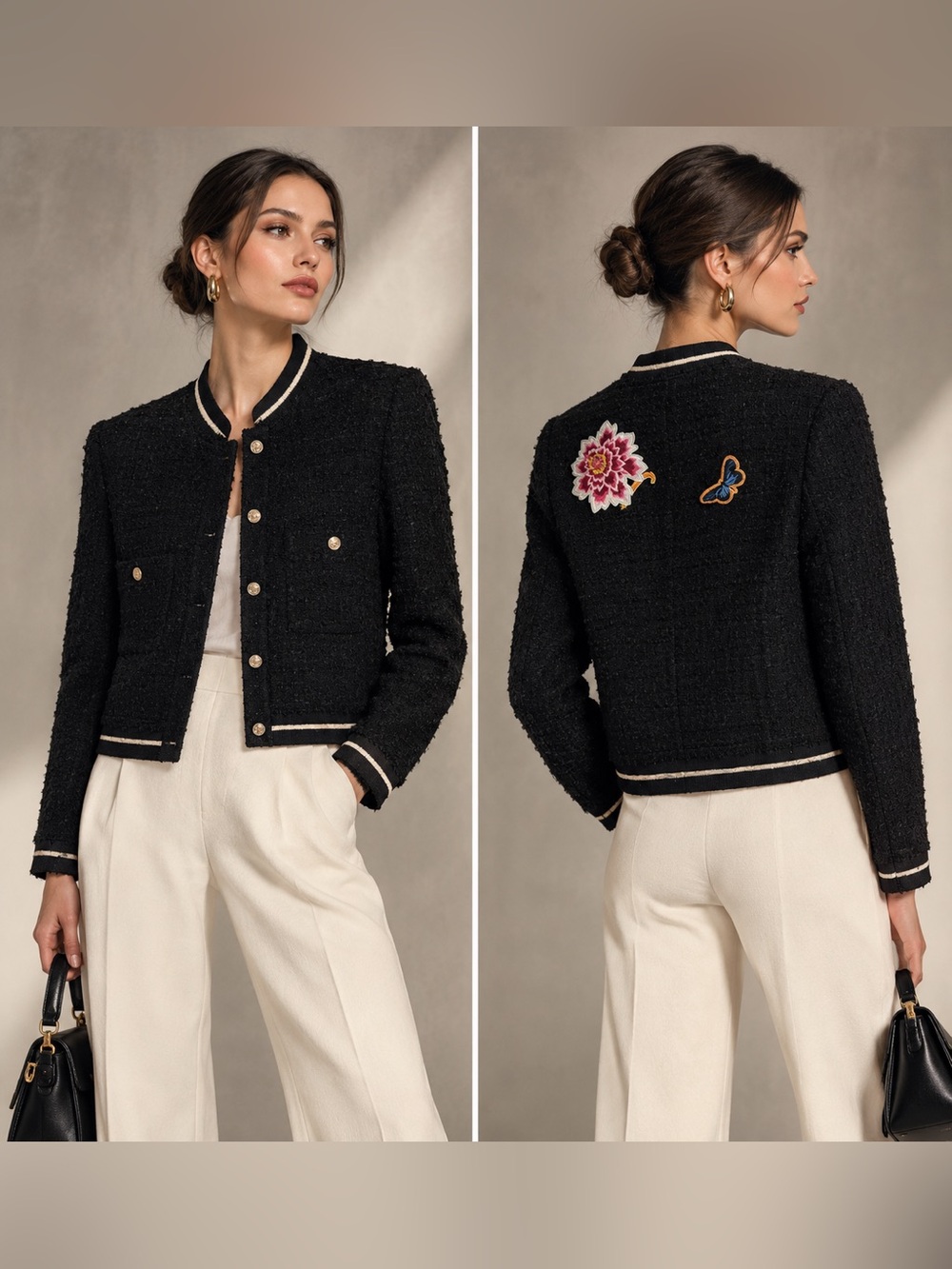 Vintage Zara Woman Black Bouclé Tweed Jacket Embroidered Floral Butterfly XS